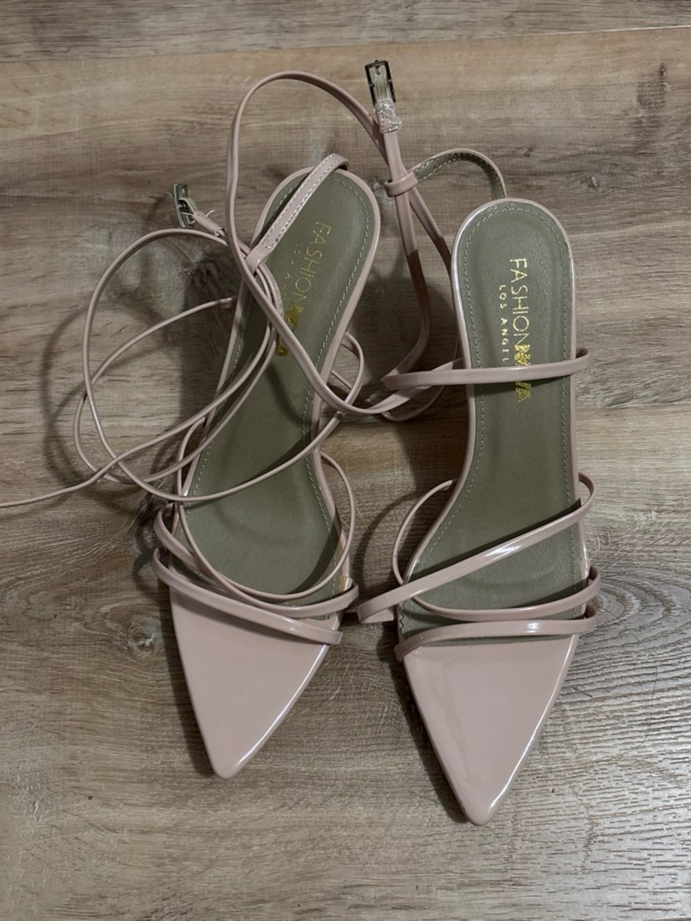 Fashion Nova Blush Nude Pink Strappy Pointed Toe Kitten Heels